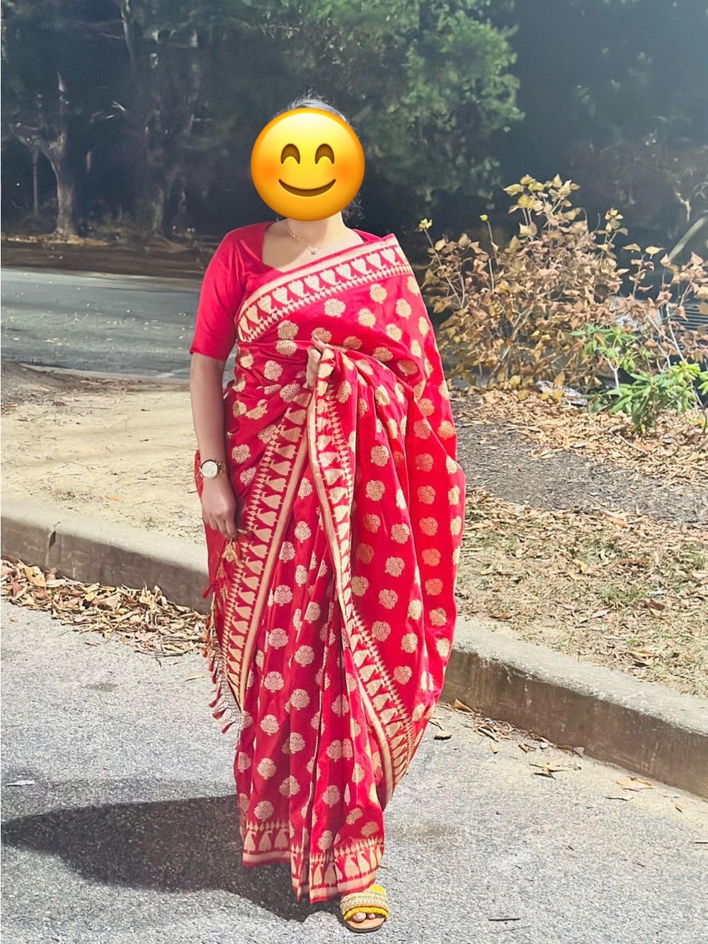 Red and Gold Brocade Saree with Floral Motifs